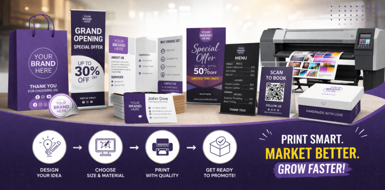 Essential marketing materials including business cards, posters, flyers, brochures, and banners displayed for business branding and promotion.