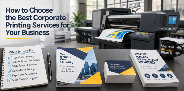 Professional commercial printing setup with high-quality printing machines and marketing materials