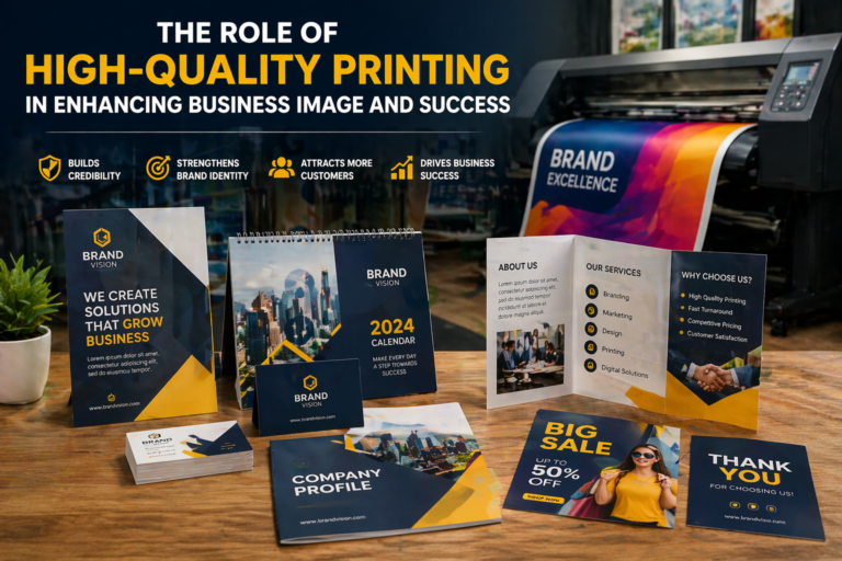 A digital image showing various high-quality printed marketing materials such as brochures, business cards, and flyers that enhance a business’s image.